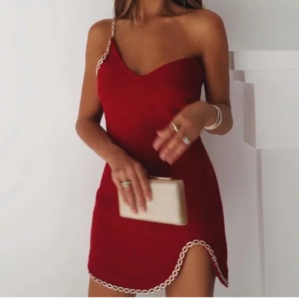 Zara Red Tweed Diamond Chain Shoulder Dress